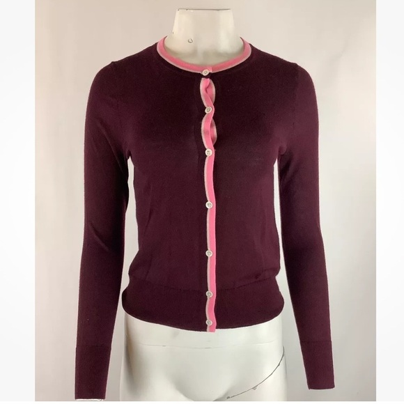 J Crew Sz S 100% Merino Wool Tippi Button Front Cardigan Maroon Lightweight - Picture 1 of 6
